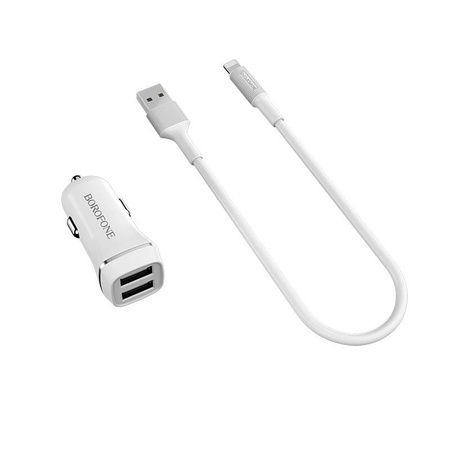 Borofone - ładowarka samochodowa 2x USB kabel Lightning w zestawie, biały (BFO-BZ2-L-W)