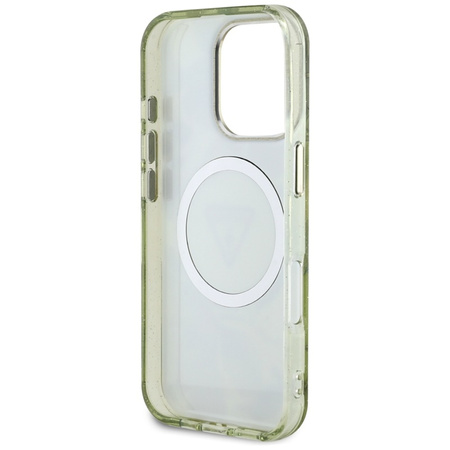 Guess Glitter Flowers Triangle Buttons MagSafe - Etui do iPhone 16 Pro Max (zielony) (GUHMP16XHFLPEDN)