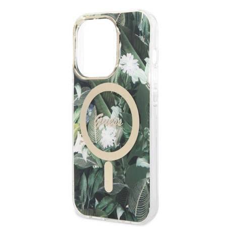 Guess Bundle Pack MagSafe IML Jungle - Zestaw etui + ładowarka MagSafe iPhone 14 Pro (khaki/złoty) (GUBPP14LHJEACSA)