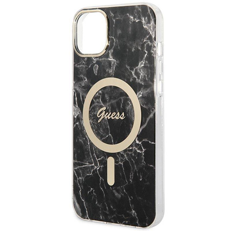 Guess Bundle Pack MagSafe IML Marble - Zestaw etui + ładowarka MagSafe iPhone 14 Plus (czarny/złoty) (GUBPP14MHMEACSK)