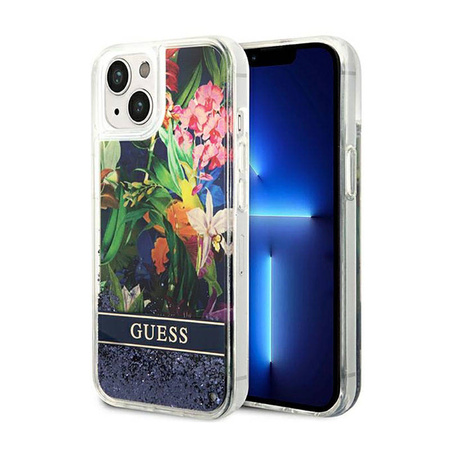 Guess Liquid Glitter Flower – Etui iPhone 14 (niebieski) (GUHCP14SLFLSB)