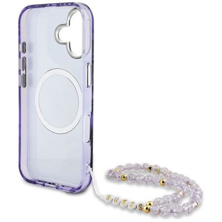 Guess Palm Trees Triangle Pearl Strap MagSafe - Etui do iPhone 16 (fioletowy) (GUHMP16SHPCTPLSU)