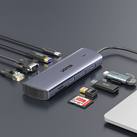 Unitek Hub 9w1 USB C Gigabit Ethernet HDMI VGA 3x USB A czytnik kart PD 100W (D1113A)