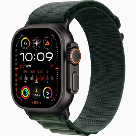 Apple Watch Ultra 2 GPS + Cellular 49mm Koperta z tytanu w kolorze czarnym, Opaska Alpine w kolorze ciemnozielonym - M (MX4R3WB/A)