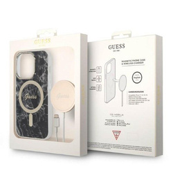 Guess Bundle Pack MagSafe IML Marble - Zestaw etui + ładowarka MagSafe iPhone 14 Pro Max (czarny/złoty) (GUBPP14XHMEACSK)