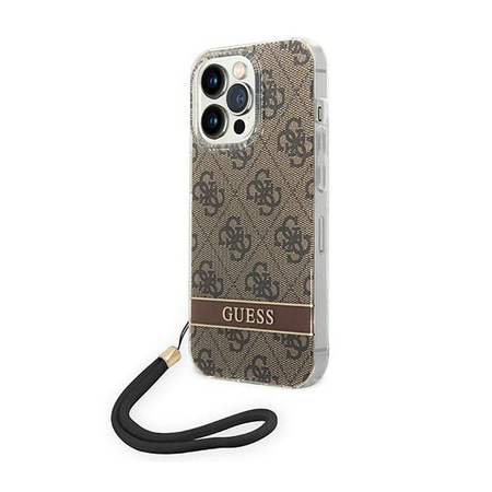Guess 4G Print Cord - Etui ze smyczką iPhone 14 Pro (brązowy) (GUOHCP14LH4STW)
