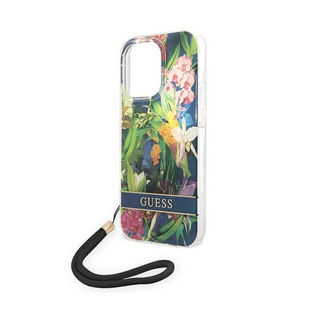 Guess Flower Cord - Etui ze smyczką iPhone 14 Pro Max (niebieski) (GUOHCP14XHFLSB)