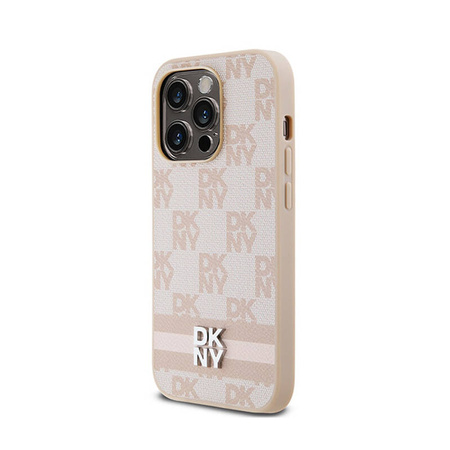 DKNY Leather Checkered Mono Pattern & Printed Stripes - Etui iPhone 14 Pro (różowy) (DKHCP14LPCPTSSP)