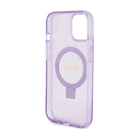 Guess Ring Stand Script Glitter MagSafe - Etui iPhone 15 Plus (fioletowy) (GUHMP15MHRSGSU)