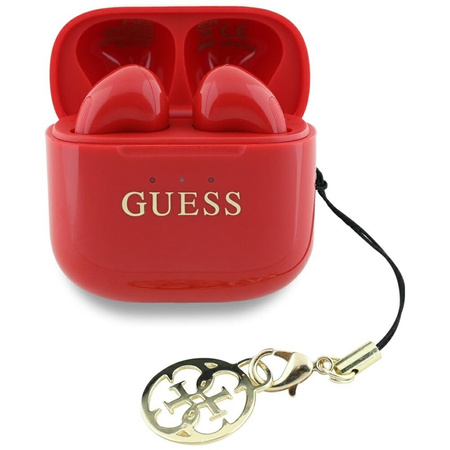 Guess Glossy Effect Printed Classic Logo & Charm - Słuchawki Bluetooth TWS + etui ładujące (czerwony) (GUTWSXMCCLR)