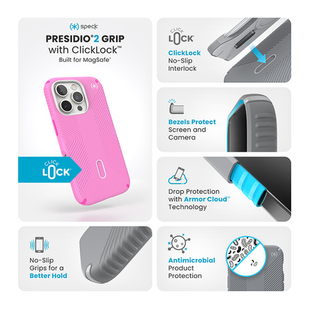 Speck Presidio2 Grip ClickLock & MagSafe - Etui iPhone 16 Pro (True Pink / Shocking Pink / White) (150701-3249)