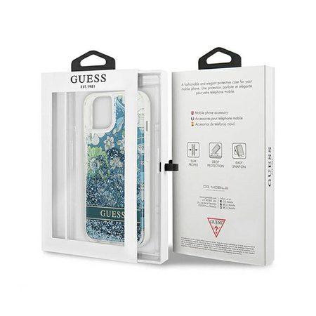 Guess Liquid Glitter Flower – Etui iPhone 13 mini (niebieski/zielony) (GUHCP13SLFLSN)