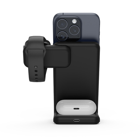 Crong MagSpot Pivot Stand - Ładowarka bezprzewodowa 3w1 z MagSafe do iPhone, Apple Watch i AirPods (czarny) (CRG-MSPS-BLK)
