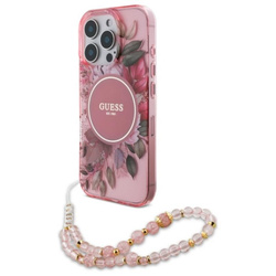Guess IML Flowers With Pearl Strap MagSafe - Etui iPhone 16 Pro (różowy) (GUHMP16LHFWBRCESP)