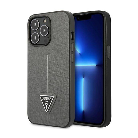 Guess Saffiano Triangle Logo Case – Etui iPhone 14 Pro (srebrny) (GUHCP14LPSATLG)