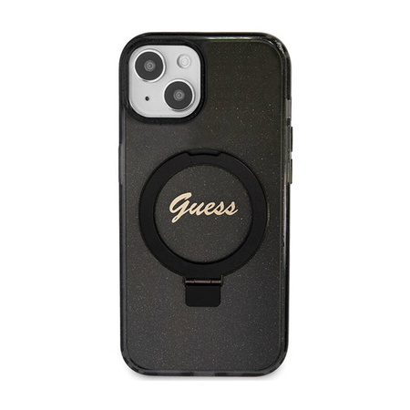 Guess Ring Stand Script Glitter MagSafe - Etui iPhone 15 (czarny) (GUHMP15SHRSGSK)
