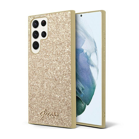 Guess Glitter Flakes Metal Logo Case - Etui Samsung Galaxy S24 Ultra (złoty) (GUHCS24LHGGSHD)