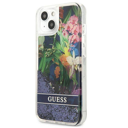 Guess Liquid Glitter Flower – Etui iPhone 13 mini (niebieski) (GUHCP13SLFLSB)