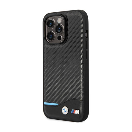 BMW Leather Carbon Blue Line - Etui iPhone 13 Pro (Czarny) (BMHCP13L22NBCK)