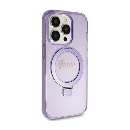 Guess Ring Stand Script Glitter MagSafe - Etui iPhone 15 Pro (fioletowy) (GUHMP15LHRSGSU)