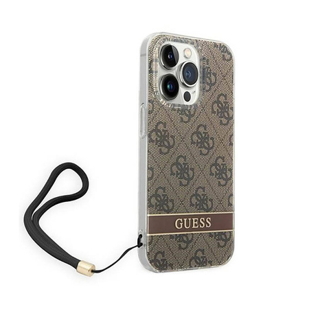 Guess 4G Print Cord - Etui ze smyczką iPhone 14 Pro (brązowy) (GUOHCP14LH4STW)