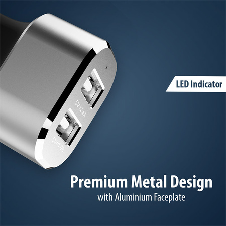 Crong Power Car Charger 24W - Ładowarka samochodowa 2xUSB 2.4A (aluminium) (CRG-PWRC-USB24-ALU)