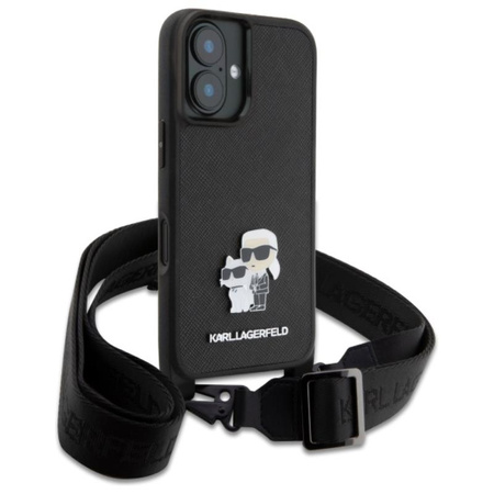 Karl Lagerfeld Saffiano Karl & Choupette Metal Pin CBDY Strap - Etui iPhone 16 (czarny) (KLHCP16SSAKCPBK)