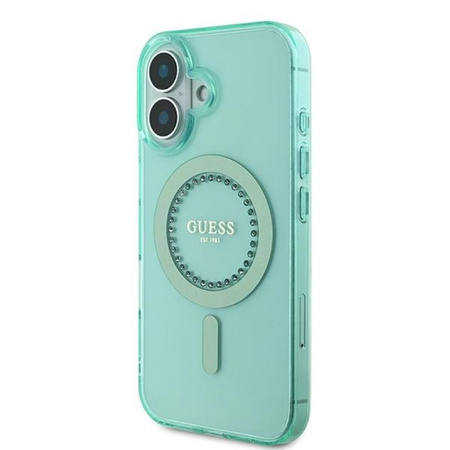 Guess IML Rhinestones MagSafe - Etui iPhone 16 (zielony) (GUHMP16SPFTDTEN)