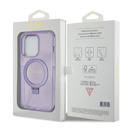 Guess Ring Stand Script Glitter MagSafe - Etui iPhone 15 Pro (fioletowy) (GUHMP15LHRSGSU)