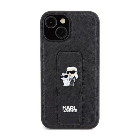 Karl Lagerfeld Gripstand Saffiano Karl & Choupette Pins - Etui iPhone 15 Plus (czarny) (KLHCP15MGSAKCPK)