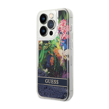 Guess Liquid Glitter Flower – Etui iPhone 14 Pro (niebieski) (GUHCP14LLFLSB)