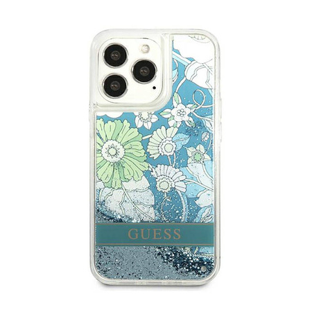 Guess Liquid Glitter Flower – Etui iPhone 13 Pro Max (niebieski/zielony) (GUHCP13XLFLSN)
