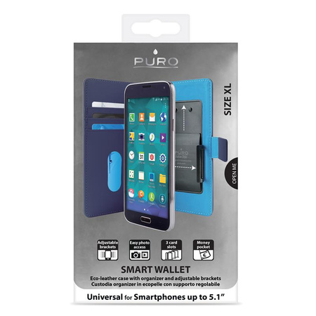 PURO Smart Wallet - Uniwersalne etui z uchwytem do robienia zdjęć z kieszonkami na karty i pieniądze, rozmiar XL (niebieski) (UNIWALLET3BLUEXL)
