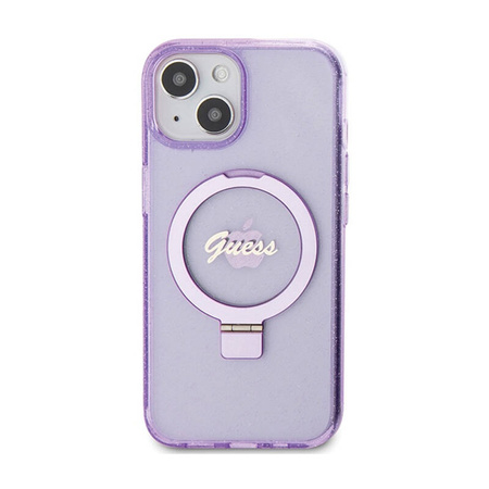 Guess Ring Stand Script Glitter MagSafe - Etui iPhone 15 Plus (fioletowy) (GUHMP15MHRSGSU)