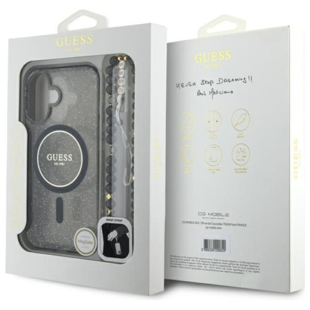 Guess IML Glitter With Pearl Strap MagSafe - Etui iPhone 16 (czarny) (GUHMP16SHGCRELSK)