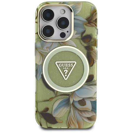 Guess Glitter Flowers Triangle Buttons MagSafe - Etui do iPhone 16 Pro (zielony) (GUHMP16LHFLPEDN)