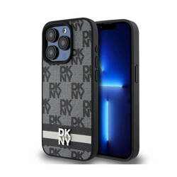 DKNY Leather Checkered Mono Pattern & Printed Stripes - Etui iPhone 15 Pro (czarny) (DKHCP15LPCPTSSK)