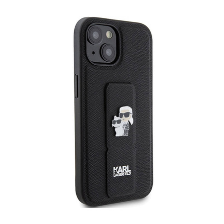 Karl Lagerfeld Gripstand Saffiano Karl & Choupette Pins - Etui iPhone 15 (czarny) (KLHCP15SGSAKCPK)