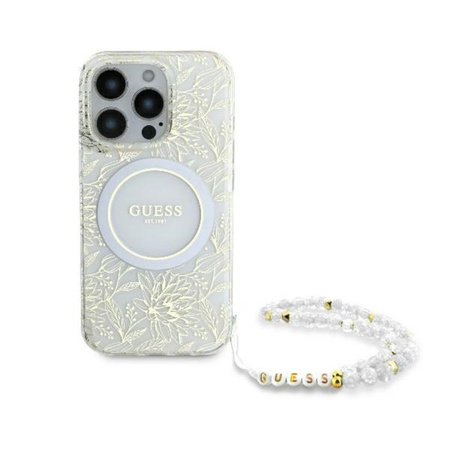 Guess IML Flowers Allover Electro With Pearl Strap MagSafe - Etui iPhone 16 Pro (biały) (GUHMP16LHCPOFPH)
