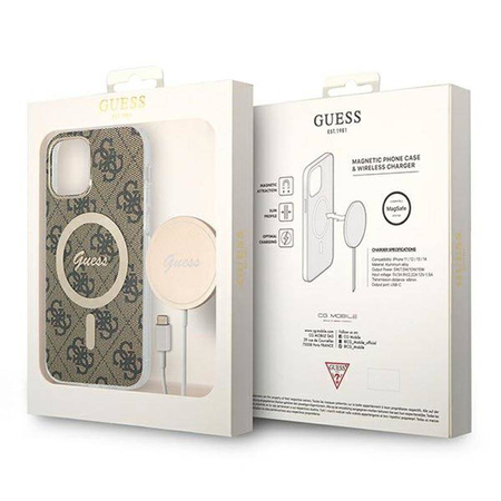 Guess Bundle Pack MagSafe 4G - Zestaw etui + ładowarka MagSafe iPhone 12 / iPhone 12 Pro (brązowy/złoty) (GUBPP12MH4EACSW)