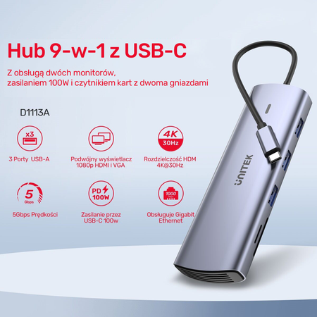 Unitek Hub 9w1 USB C Gigabit Ethernet HDMI VGA 3x USB A czytnik kart PD 100W (D1113A)
