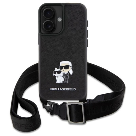 Karl Lagerfeld Saffiano Karl & Choupette Metal Pin CBDY Strap - Etui iPhone 16 (czarny) (KLHCP16SSAKCPBK)
