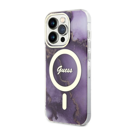 Guess Golden Marble MagSafe - Etui iPhone 14 Pro (Purpurowy) (GUHMP14LHTMRSU)