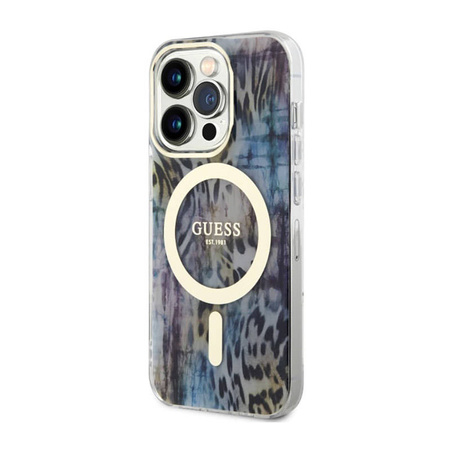 Guess Leopard MagSafe - Etui iPhone 14 Pro (Niebieski) (GUHMP14LHLEOPWB)