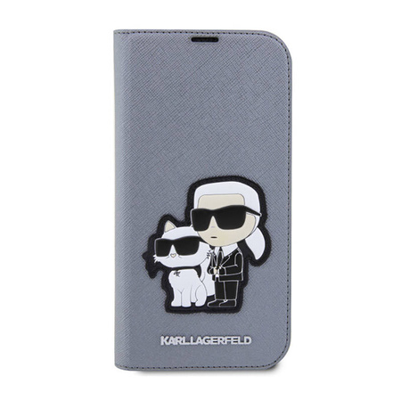 Karl Lagerfeld Booktype NFT Saffiano Karl & Choupette - Etui iPhone 14 Pro (Srebrny) (KLBKP14LSANKCPG)