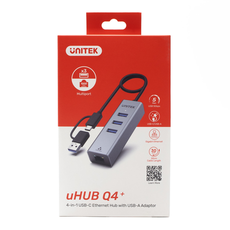 Unitek Hub USB C 4w1 Ethernet 3 x USB A 5 Gbps z adapterem USB A (Y-3088B)