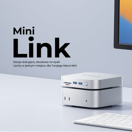 Orico Stacja dokująca do MacMini M4, USB-C 10 Gbps, z obudową M.2 NVMe/NGFF, metalowa (M49P-EU-SV-BP)
