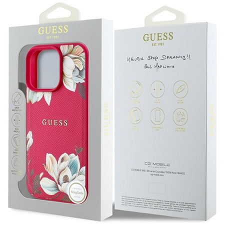 Guess Grained Printed Flower Pattern MagSafe - Etui do iPhone 16 Pro (fuksja) (GUHMP16LPGNMPLMF)