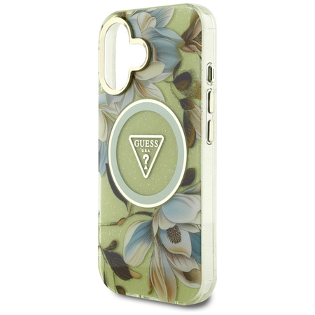 Guess Glitter Flowers Triangle Buttons MagSafe - Etui do iPhone 16 zielony (GUHMP16SHFLPEDN)