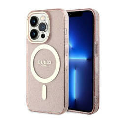 Guess Glitter Gold MagSafe - Etui iPhone 14 Pro (Różowy) (GUHMP14LHCMCGP)